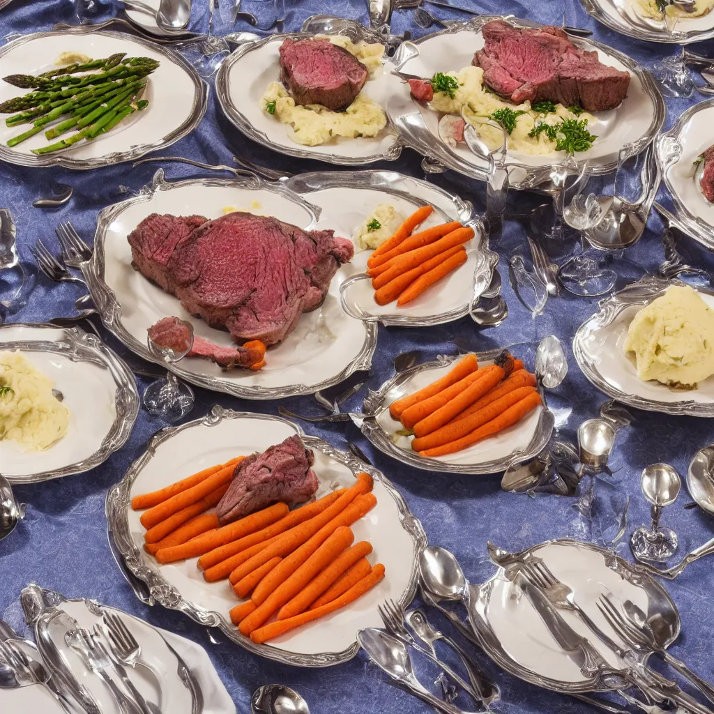 Image similar to product shot of a five - star dinner with prime rib, asparagus, mashed potatoes and gravy, and steamed carrots with blue table cloth and lit candles in ornate silver candlesticks, ultra - realistic, photo realism, professional photograph, extreme detail, deep focus, laser sharp, volumetric lighting, atmospheric, five - star, luxury, elite