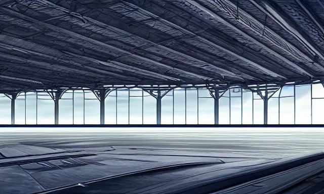 Image similar to matte painting, digital painting, high quality, a spaceship in hangar, symmetric, distant view