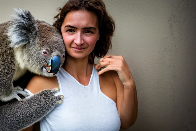 Prompt: closeup portrait of a woman carrying a koala over her head and shoulders in a flood in Rundle Mall in Adelaide in South Australia, photograph, natural light, sharp, detailed face, magazine, press, photo, Steve McCurry, David Lazar, Canon, Nikon, focus