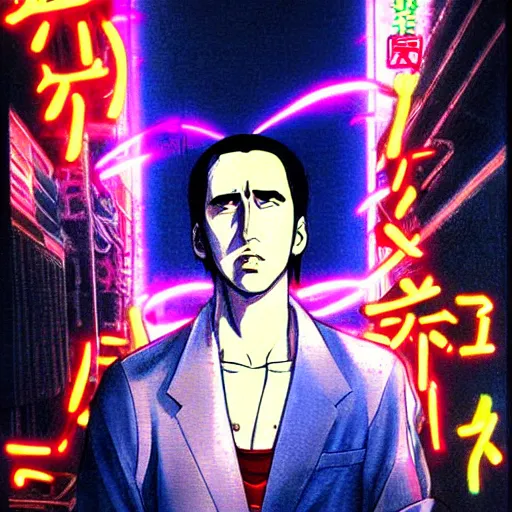 Prompt: beautiful amazing anime portrait painting of nicholas cage in tokyo. neon lights. by hayao miyazaki, katsuhiro otomo, akira toriyama, satoshi kon, eiichiro oda, hideaki anno