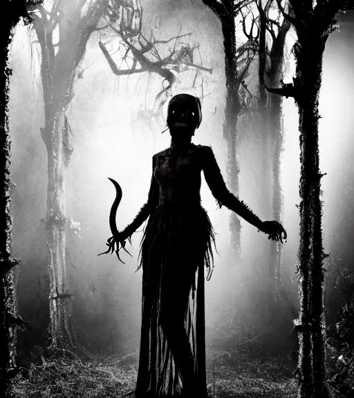 Image similar to gothic necrolord female with zombie servents, professional photography, high resolution, liminal eerie midnight backlit, a photograph taken by Cindy Sherman