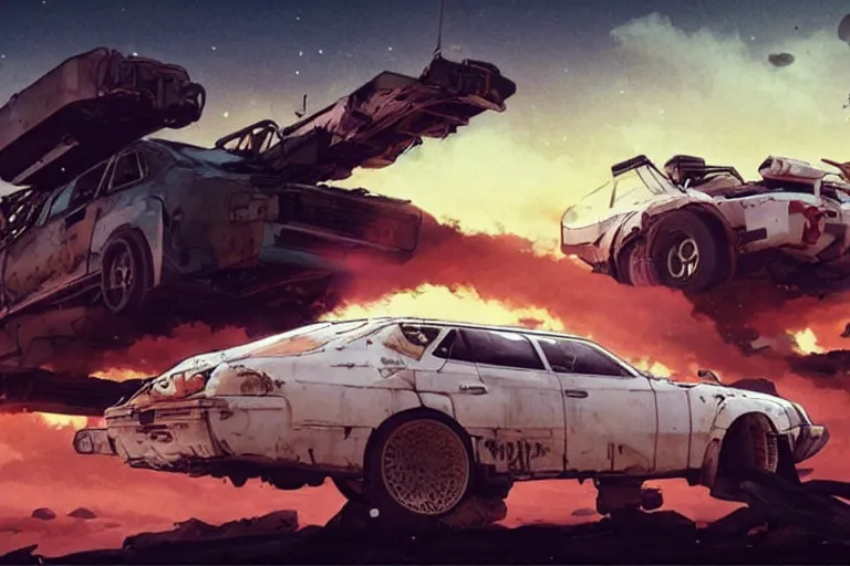 Prompt: 2 0 0 1 space odyssy diesepunk toyota chaser mad max by greg rutkowski makoto shinkai takashi takeuchi studio ghibli, akihiko yoshida