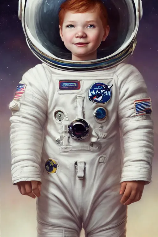 Image similar to a little boy with a cherubic michievous face and ginger hair. he is an astronaut, wearing a space suit. clean elegant painting, beautiful detailed face. by raymond swanland and artgerm and greg rutkowski