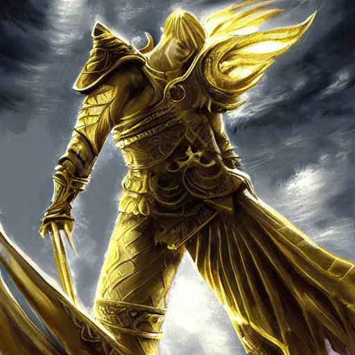 Image similar to an artwork of a giant golden sword, a broad blade sword weapon, epic fantasy style, fantasy epic digital art