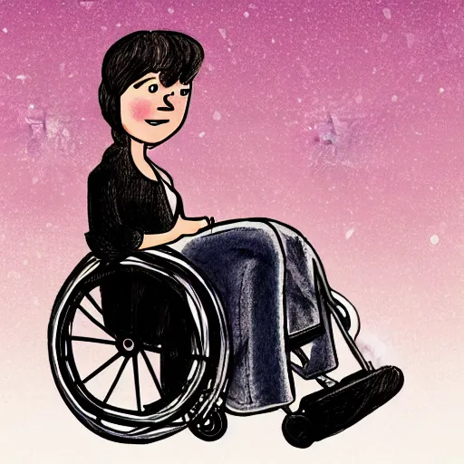 Prompt: an illustration of a character woth wheelchair in the style of vanessa morales