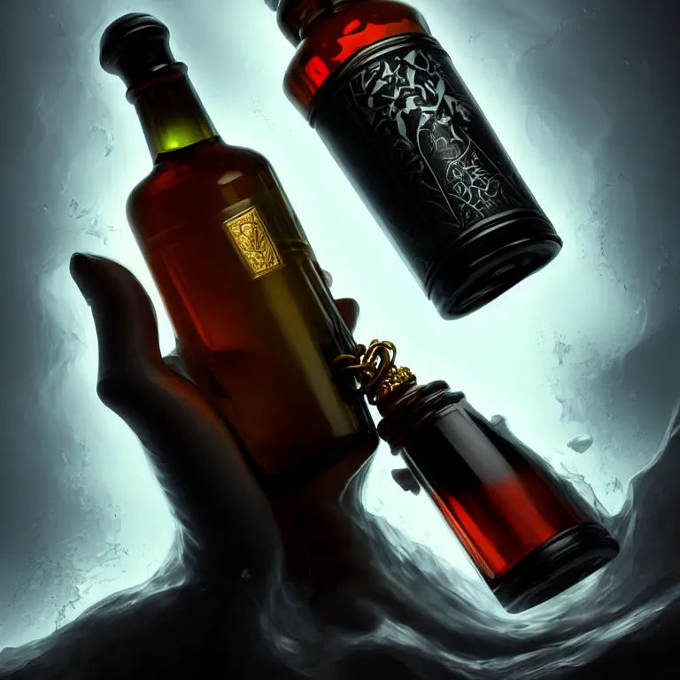 Prompt: epic professional digital art of holding a corked vial of viscous black liquid; mtg art by Volkan Baga, artstation