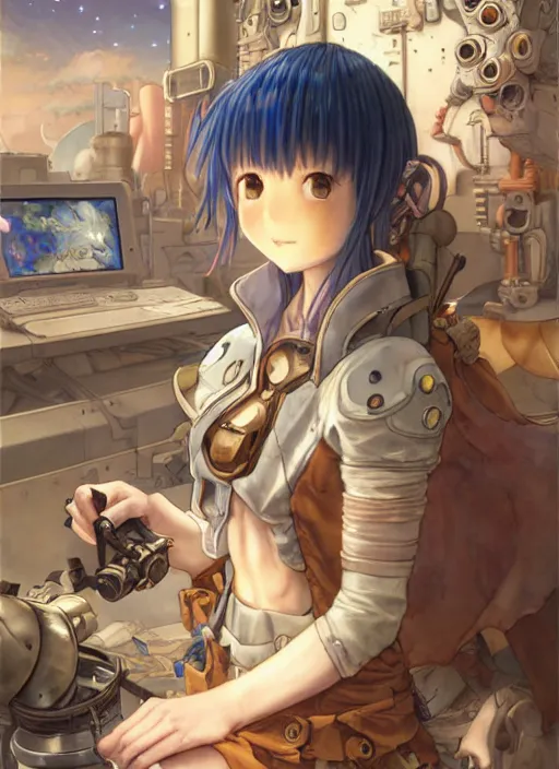 Image similar to prompt : ragnarok online portrait soft light painted by james jean and katsuhiro otomo and erik jones, inspired by akira anime, epic fantasy, a young tinker girl working on a device in her workshop, workshop in the background, intricate oil painting, high detail illustration, sharp high detail, manga and anime 1 9 9 9