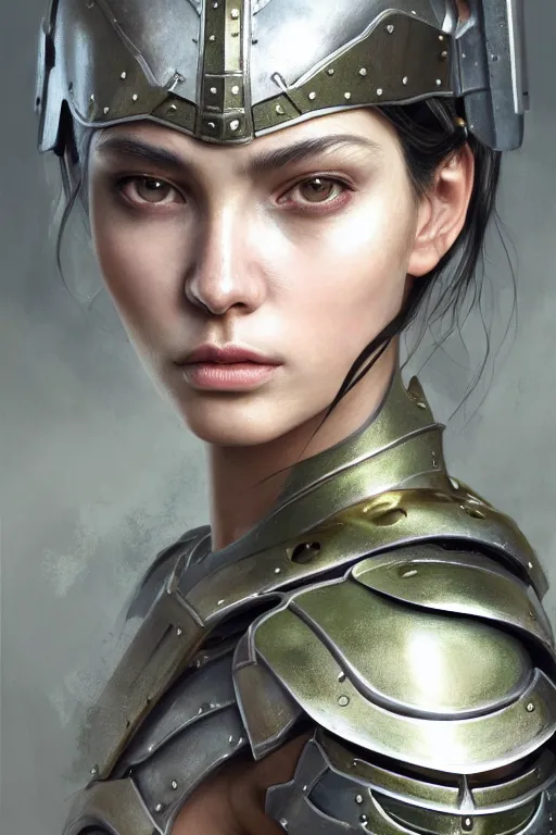 Image similar to a photorealistic painting of an attractive young girl, partially clothed in metal-plated battle armor, olive skin, long dark hair, beautiful bone structure, symmetrical face, perfect eyes, intricate, elegant, digital painting, concept art, illustration, sharp focus, minimal artifacts, from Metal Gear, in the style of Ruan Jia and Mandy Jurgens and Greg Rutkowski, trending on Artstation, award winning