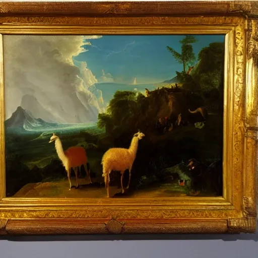 Image similar to oil painting by thomas cole of the voyage of life but with a llama.