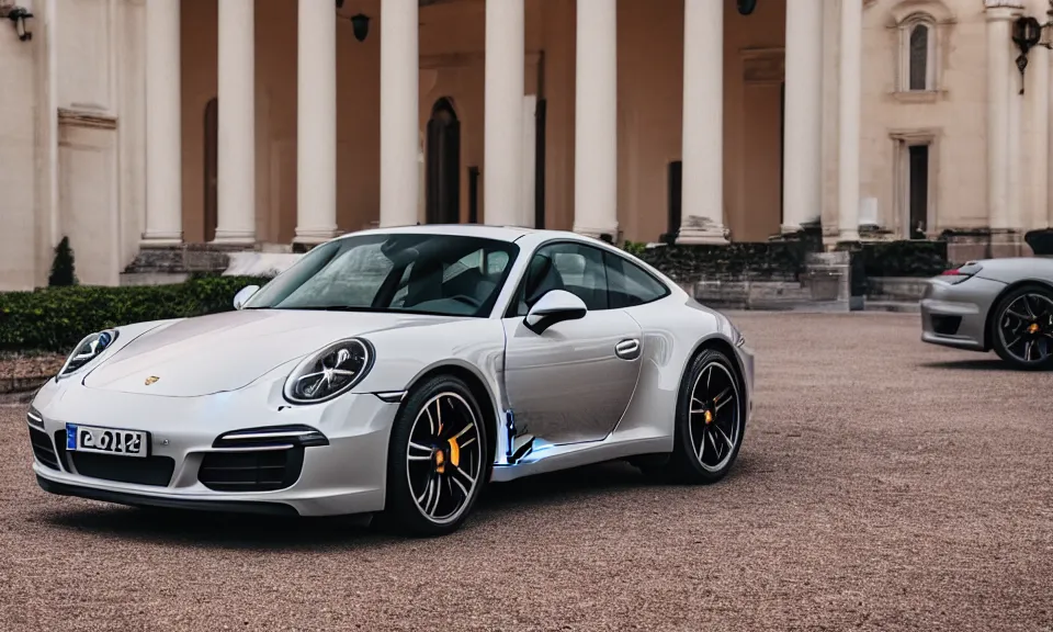 Image similar to closeup photo of a porsche 911 standing in a beautiful palace, dof, chromatic aberration