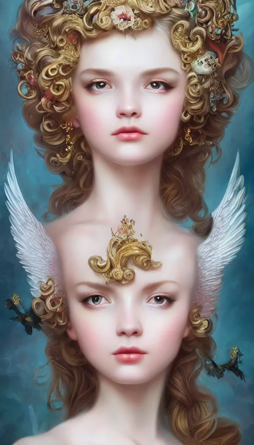 Image similar to pop surrealism, rococo, baroque hair, angelic young female seductive - fine - face, pretty face, key visual, realistic shaded perfect face, fine details by stanley artgerm lau, wlop, mark ryden, andrei riabovitchev, marc simonetti, and sakimichan, trending on artstation