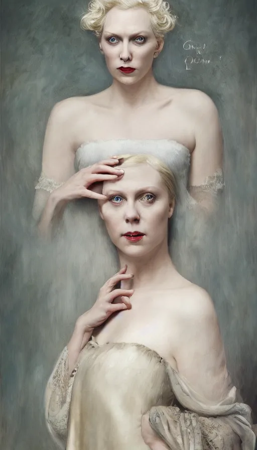 Prompt: exquisite oil painting on canvas of gwendoline christie portraying lucifer, woman's portrait, gorgeous face, goldilocks, porcelain looking skin, piercing stare, unique and intricate painting, stunning ivory dress, elegant, majestic, 4 k, ultra high quality, canon, photorealistic, by annie leibovitz