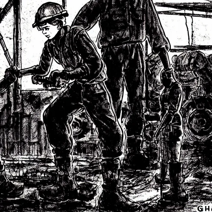 Prompt: sadie sink as a miner pulling a mine cart. in a coal mine. storyboard, scifi cyberpunk. by gabriel hardman, joe alves, chris bonura. cinematic atmosphere, detailed and intricate, perfect anatomy