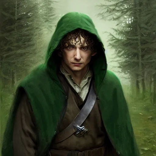 Image similar to a portrait of a handsome hobbit rogue wearing a dark green hood and a cloak in the forest, wearing adventure gear, ultra realistic, detailed, masterpiece, short hair cut, clean shaven, by Greg Rutkowski, trending on ArtStation