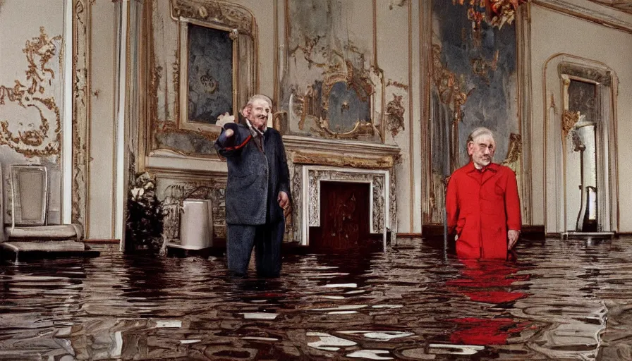 Prompt: 7 0 s movie still of an old manstanding in a soviet stalinist style palace flooded in blood, eastmancolor, heavy grain, high quality, high detail