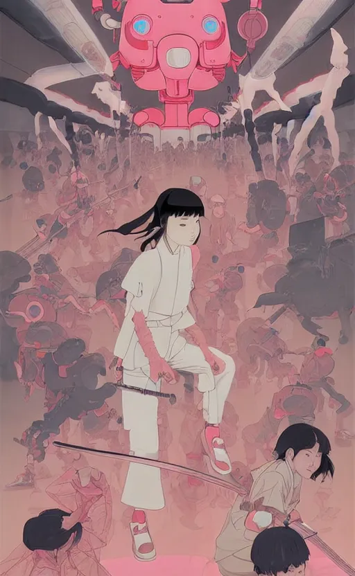 Image similar to Artwork by James Jean, Phil noto and hiyao Miyazaki ; (1) a young Japanese future samurai police lady named Yoshimi battles an (1) enormous evil natured carnivorous pink robot on the streets of Tokyo; Japanese shops and neon signage; crowds of people running; Art work by Phil noto and James Jean and studio ghibli