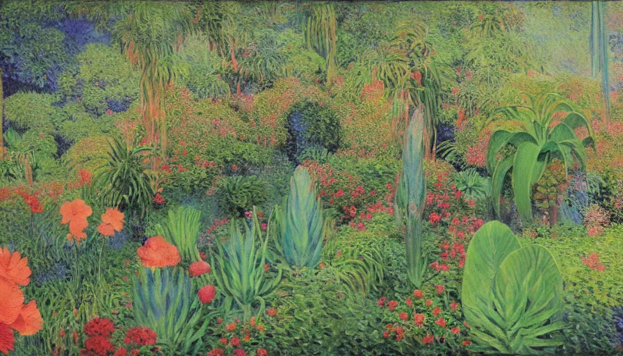 Image similar to a painting by monet, bosch, wayne barlowe, agnes pelton, rene magritte of a botanical garden full of tropical plants, huge plants, succulents, very colourful, vivid colourful plants, lush garden