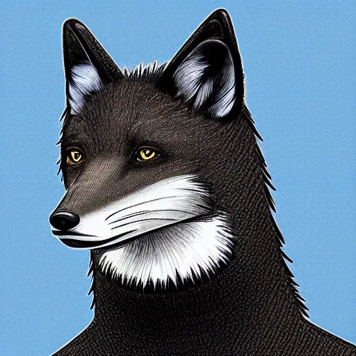 Image similar to handsome male anthropomorphic black fox, wearing a turtleneck, digital art