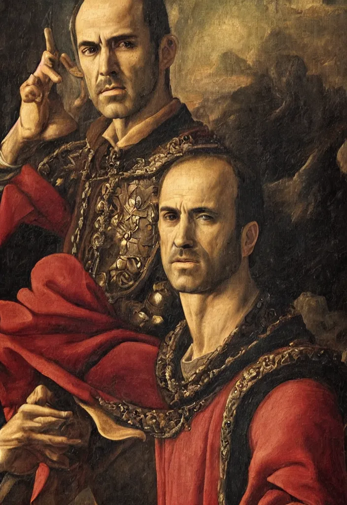 Image similar to renaissance painting of stannis baratheon, high detail