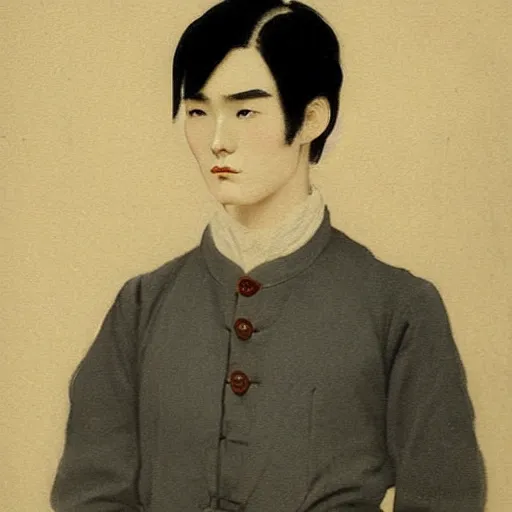 Image similar to painting of grumpy handsome beautiful man in his 2 0 s named min - jun in a french female maid outfit, modern clothing, elegant, clear, painting, stylized, delicate facial features, stylized thin lines, soft but grumpy, highly detailed, art, art by egon alphonse yamamoto