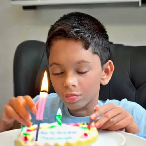 Prompt: a 7 year old blowing out the candles on his birthday cake