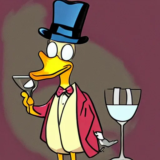 Prompt: a duck wearing a fedora and a dinner suit, resting its hand on a cane, holding a wine glass and smoking a cigar, in the style of ralph bakshi