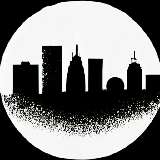 Image similar to a perfect circle where the inside is empty blank space and around the outer edge of the circle is the silhouette of a city skyline, black and white, minimalist, in the style of a line drawing