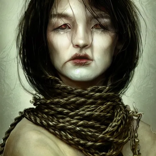 Image similar to portrait of a Shibari rope wrapped face and neck, headshot, insanely nice professional hair style, dramatic hair color, digital painting, of a old 13th century, traveler, amber jewels, baroque, ornate clothing, scifi, realistic, hyperdetailed, chiaroscuro, concept art, art by Franz Hals and Jon Foster and Ayami Kojima and Amano and Karol Bak,