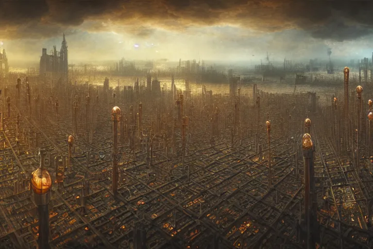 Image similar to an elaborate penned illustration of a apocalyptic intricate connected city of tubes and pipes, muted colors, copper pipers, by jan van haasteren and jheronimus bosch, unreal engine, physically based rendering, ariel view, tilt - shift, grim, moody, shiny, reflective, cinematic