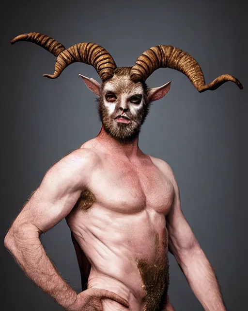 Image similar to actor Chris Evans in Elaborate Pan Satyr Goat Man Makeup and prosthetics designed by Rick Baker, Hyperreal, Head Shots Photographed in the Style of Annie Leibovitz, Studio Lighting