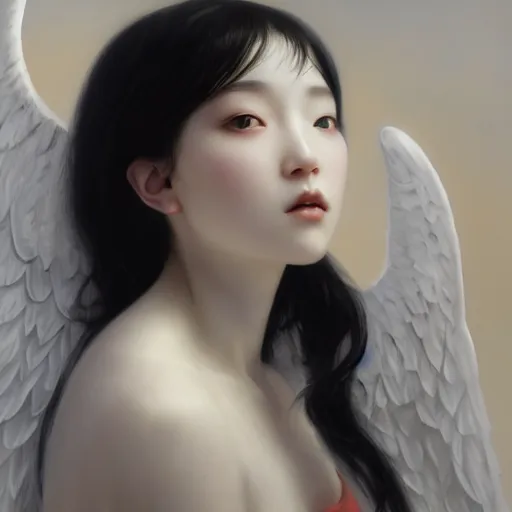 Image similar to Beautiful pale angelic goth korean girl with angel wings, masterpiece 4k digital illustration by Ruan Jia and Mandy Jurgens and Artgerm and william-adolphe bouguereau, highly detailed, trending on artstation, award winning,