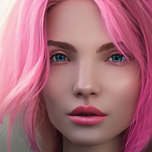 Image similar to the most beautiful woman in the world, in the style of julia razumova, beautiful, happy expression, cheery, unreal engine, octane rendering, 8 k, closeup headshot, smooth, trending on artstation, digital illustration, pink hair