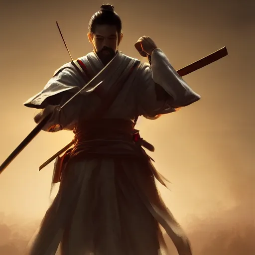 Prompt: master samurai, realistic, 8 k, extremely detailed, cgi, trending on artstation, hyper - realistic render, by greg rutkowski