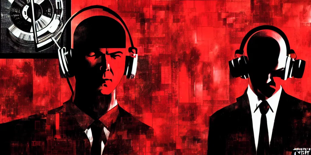 Prompt: a portrait of agent 4 7 from hitman wearing headphones in front of a wall of vinyl records, head being lit by red rim light, digital art, artstation, art by yoji shinkawa