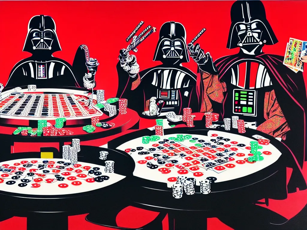 Image similar to hyper - realistic composition of a room with an extremely detailed poker table, croupier in traditional japanese kimono standing nearby, darth vader sitting at the table, fireworks in the background, pop art style, jackie tsai style, andy warhol style, acrylic on canvas