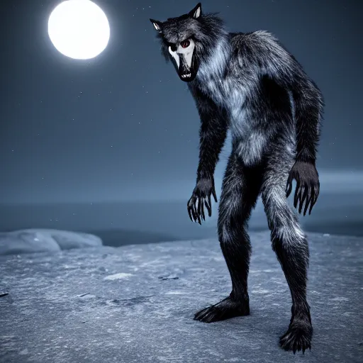 Prompt: young man transforming into a feral werewolf under the moon with black soft realistic fur, ultra detail, unreal engine, 8 k, ssao