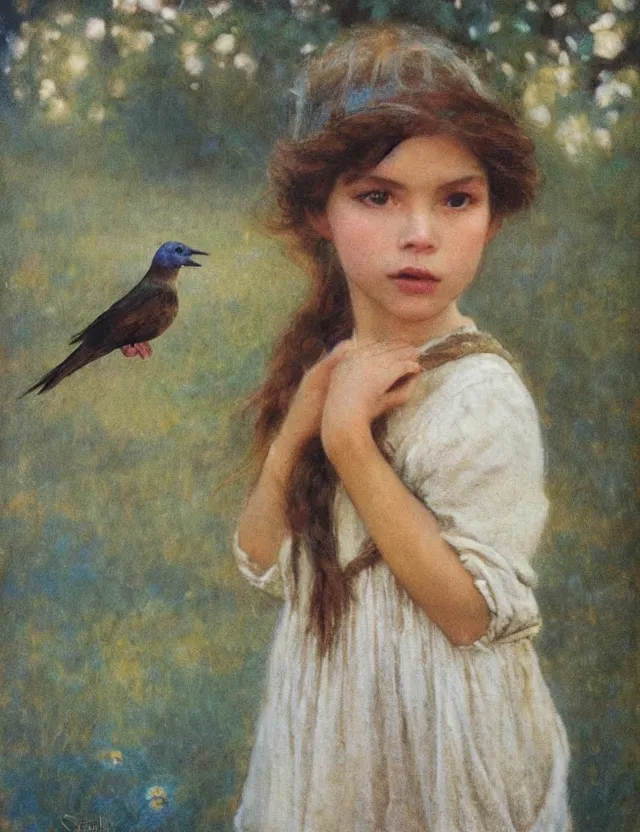 Image similar to portrait of little peasant girl setting free a bird, cottage core, cinematic focus, polaroid photo bleached vintage pastel colors high - key lighting, soft lights, foggy, by steve hanks, by lisa yuskavage, by serov valentin, by tarkovsky, 8 detailed, oil on canvas