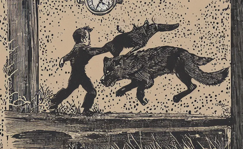 Prompt: a boy fighting a wolf on the edge of a clocktower, screen print