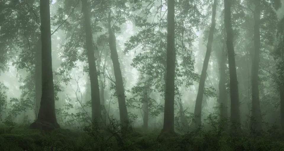 Image similar to a magical forest, thick fog, dark, fireflies flying and glowing, big trees, epic lighting, cinematic 4K