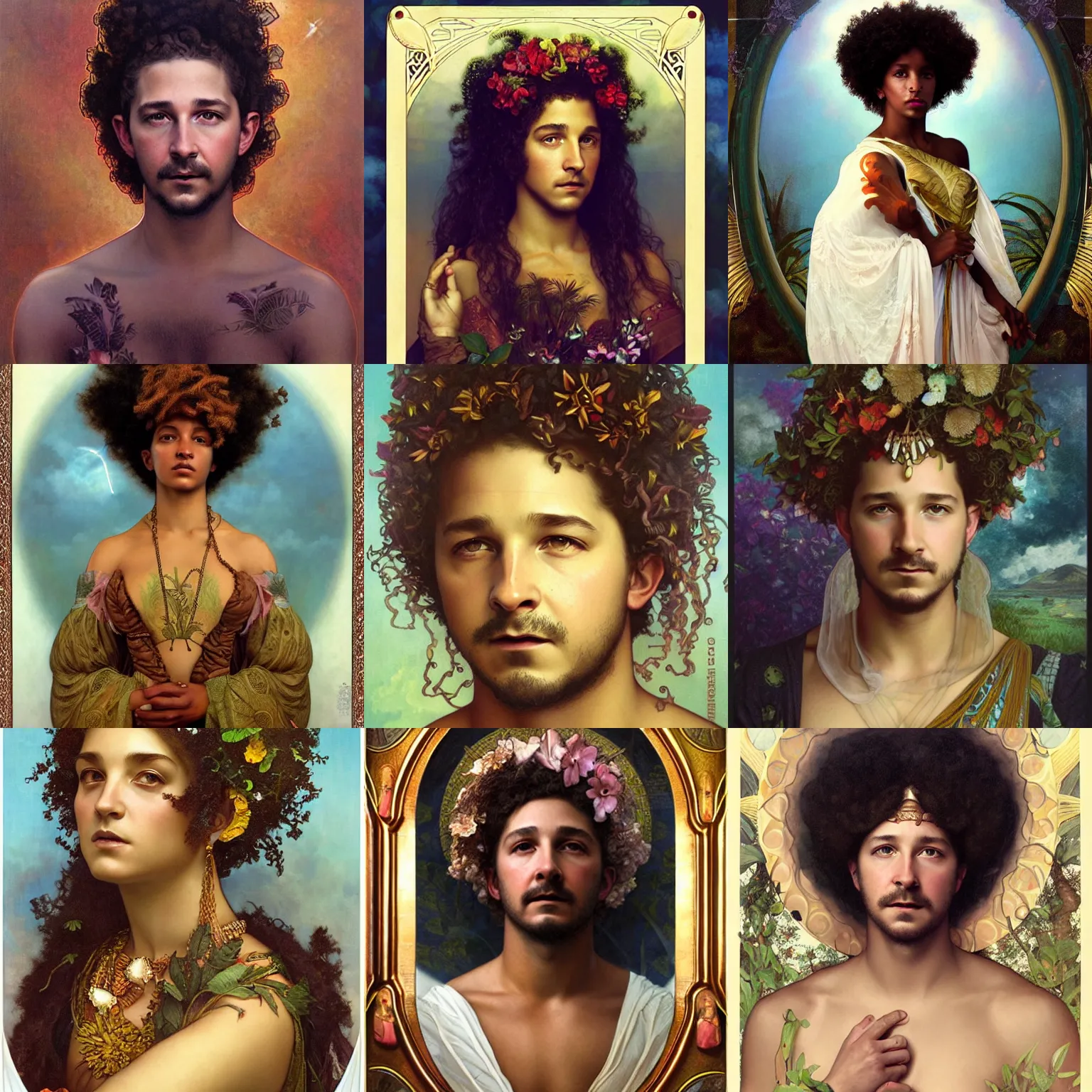 Prompt: shia labeouf as an afrocaribbean goddess, portrait art by tom bagshaw and alphonse mucha, low saturation