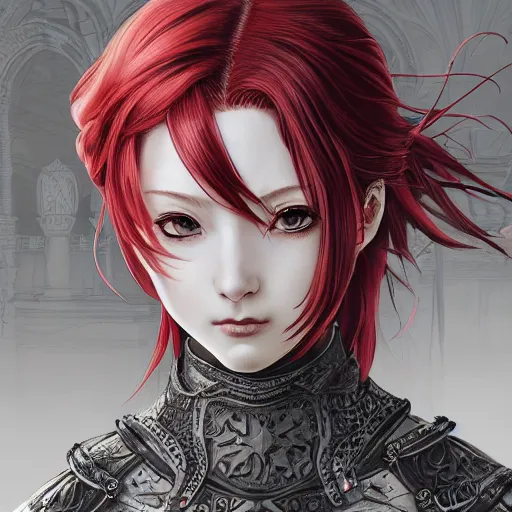 Image similar to a red haired female knight as an absurdly beautiful, elegant, mid - 2 0 s sensual anime girl, ultrafine hyperrealistic detailed face illustration by kim jung gi, irakli nadar, intricate linework, sharp focus, bright colors, matte, octopath traveler, final fantasy, unreal engine highly rendered, global illumination, radiant light, intricate environment