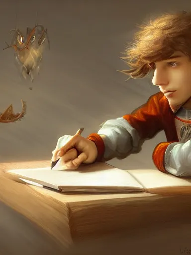 Prompt: a young handsome guy, writing a poem. intricate, elegant, highly detailed, digital painting, artstation, concept art, sharp focus, illustration, by justin gerard and artgerm, 8 k