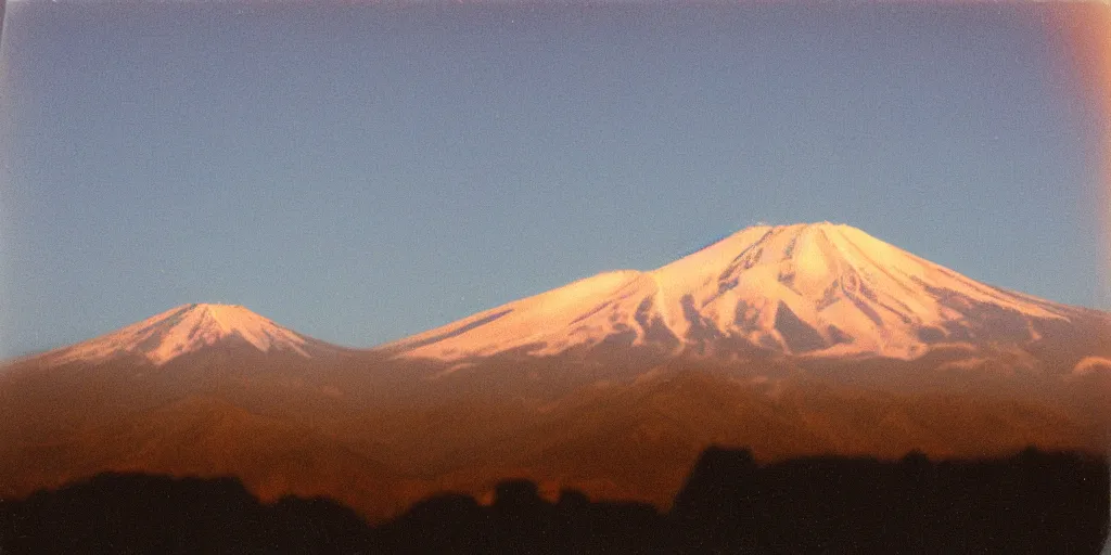 Image similar to a grainy polaroid photograph of the mont fuji at the golden hour