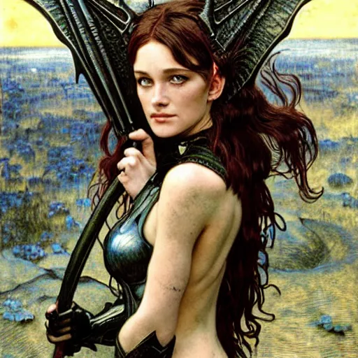 Prompt: head and shoulders portrait of an armored erinyes devil with huge bat wings, portrayed by young robin wright, d & d, fantasy, luis royo, magali villeneuve, donato giancola, wlop, krenz cushart, hans zatka, klimt, alphonse mucha