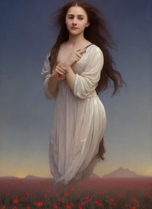 Prompt: oil painting portrait of a young woman with long flowing hair in a white dress, levitating floating over a field of flowers at sunset with mountains in the background, hazy, digital art, chiaroscuro, artstation, cinematic, golden hour, digital art painting by greg rutkowski, william - adolphe bouguereau, lu ji, hazy atmosphere, flowers, cinematic lighting