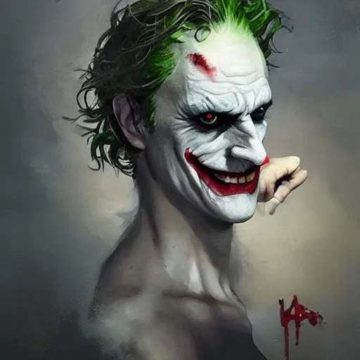 Image similar to joker, crazy face, hand covering face, paint by greg rutkowski