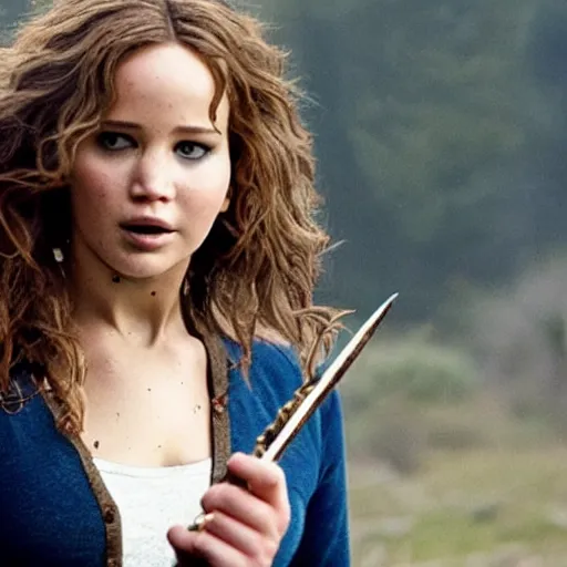 Image similar to jennifer lawrence as hermione granger with a wand in her hand before in combat