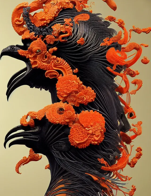 Image similar to 3 d goddess close - up profile portrait biomechanics with ram skull. beautiful intricately detailed japanese crow kitsune mask and clasical japanese kimono. betta fish, jellyfish phoenix, bio luminescent, plasma, ice, water, wind, creature, artwork by tooth wu and wlop and beeple and greg rutkowski. gold black teal and orange color scheme