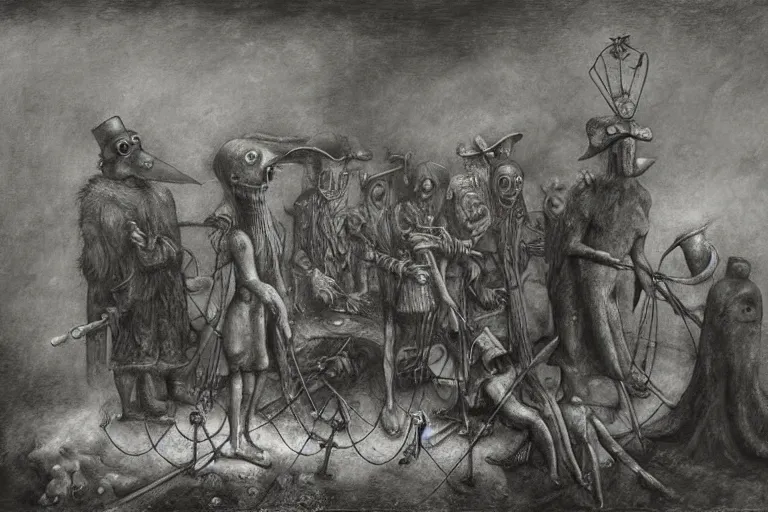 Image similar to plague doctors with rube goldberg machines in the fog by joel peter witkin, heironymus bosch, gustave dore, beksinski