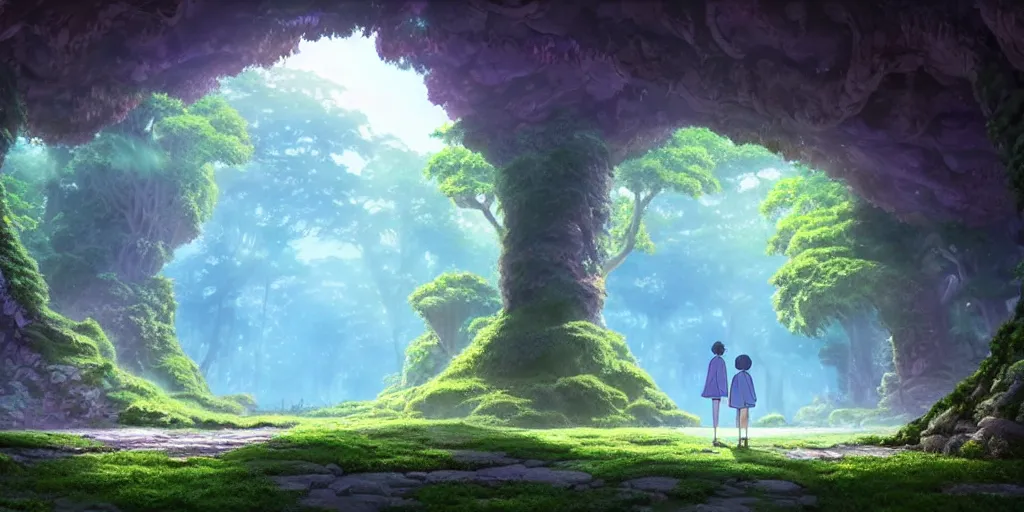 Prompt: a wholesome animation key shot of a lovely ancient entrances to the under world in an exotic forrest by studio ghibli, animation, sharp, rendered in unreal engine 5, focused, anime key art by greg hildebrant, bloom, dramatic lighting